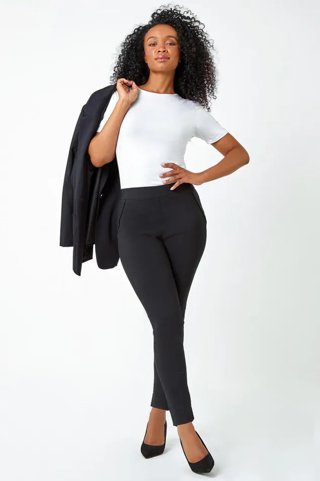 Women Black Petite Mock Pocket Stretch Trouser Roman Trousers