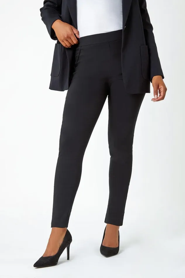 Women Black Petite Mock Pocket Stretch Trouser Roman Trousers