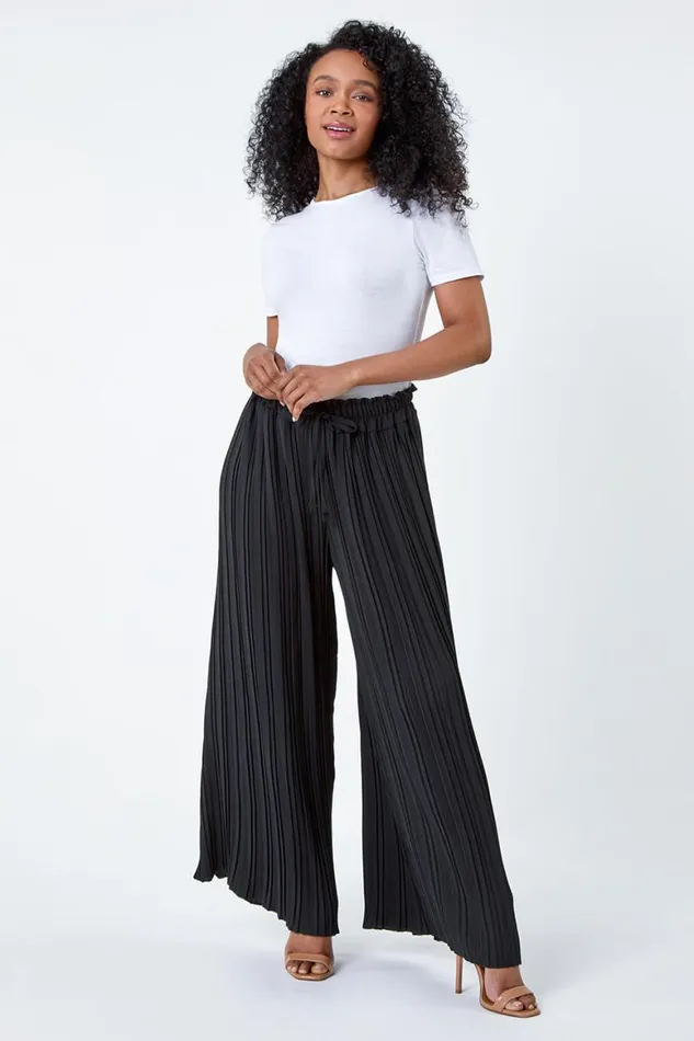 Women Black Petite Pleated Elastic Waist Wide Leg Trousers Roman Trousers