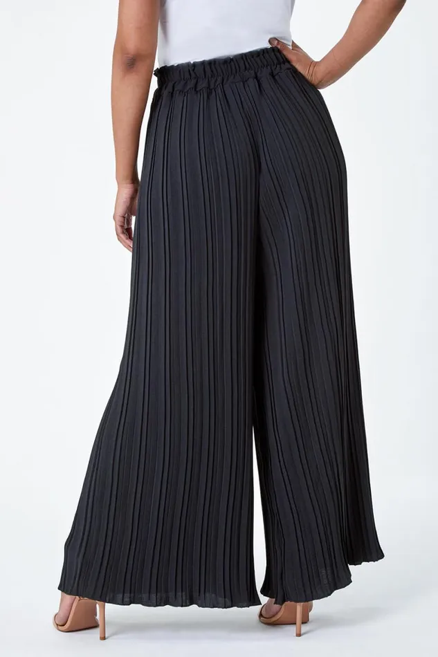 Women Black Petite Pleated Elastic Waist Wide Leg Trousers Roman Trousers