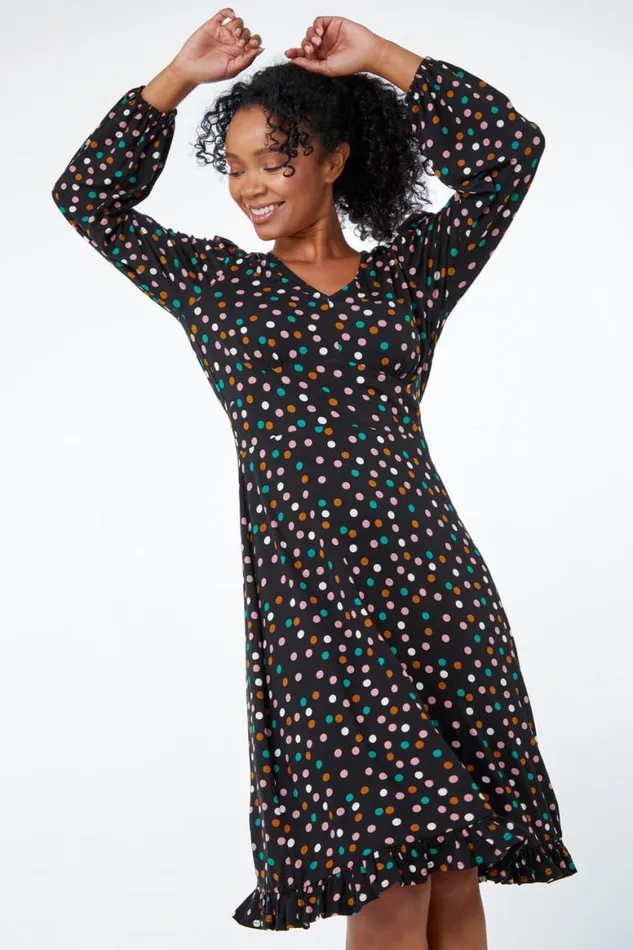 Women Black Petite Spot Print Frill Hem Dress Roman Dresses