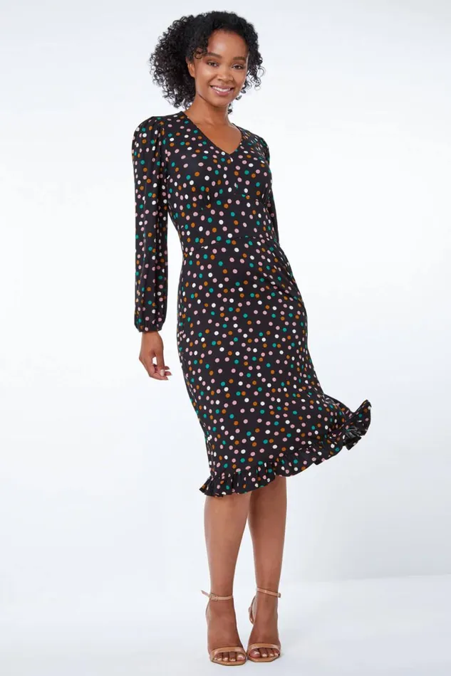 Women Black Petite Spot Print Frill Hem Dress Roman Dresses