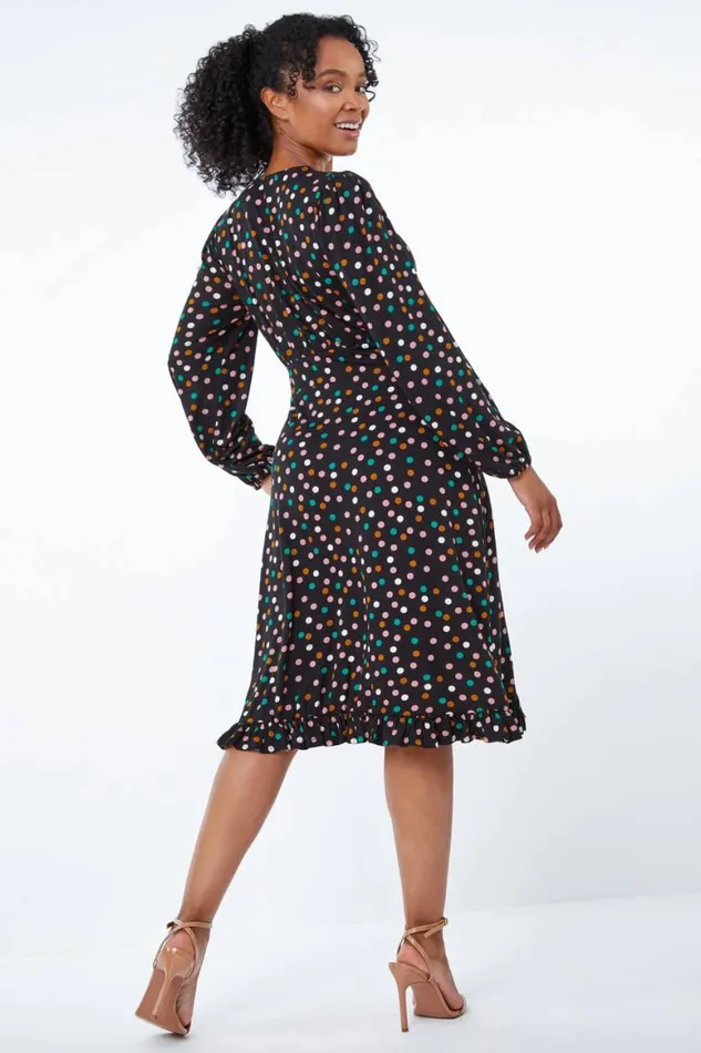 Women Black Petite Spot Print Frill Hem Dress Roman Dresses