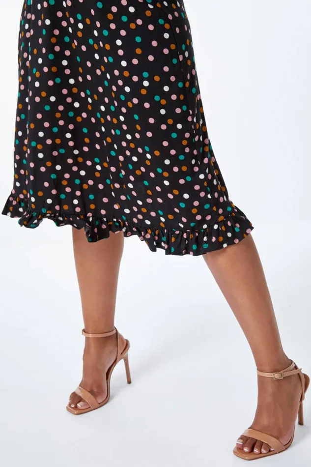 Women Black Petite Spot Print Frill Hem Dress Roman Dresses