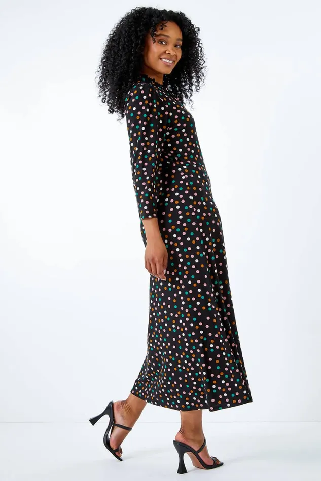 Women Black Petite Spot Print Frill Neck Midi Dress Roman Dresses