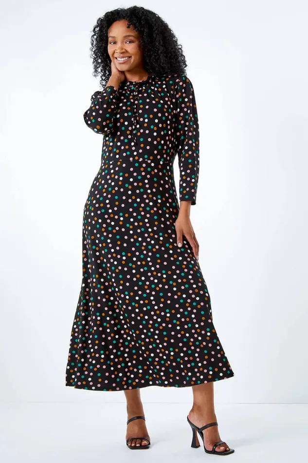 Women Black Petite Spot Print Frill Neck Midi Dress Roman Dresses
