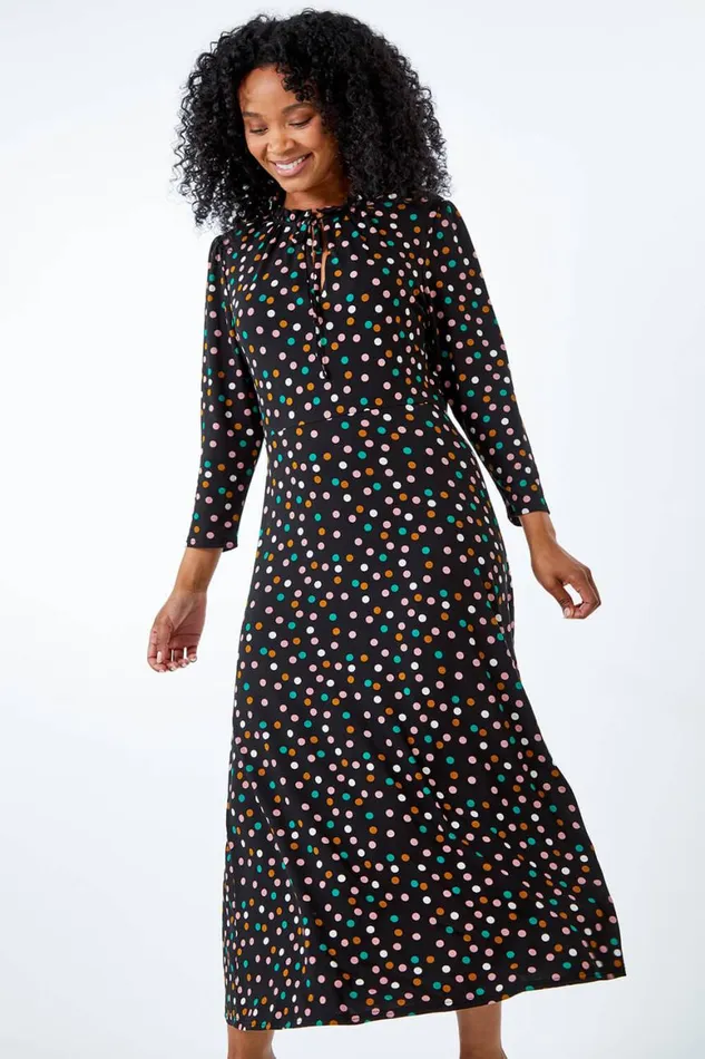 Women Black Petite Spot Print Frill Neck Midi Dress Roman Dresses