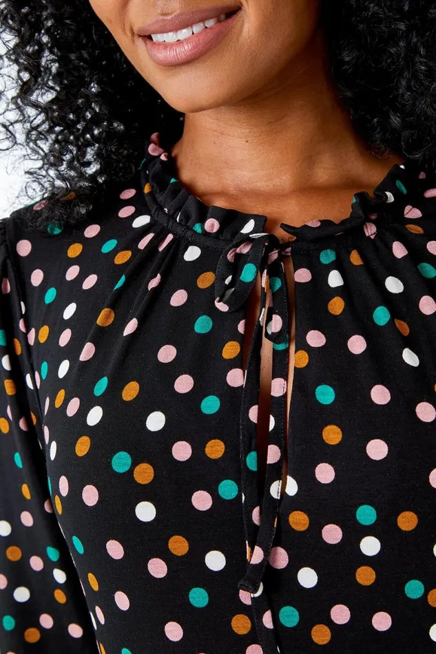 Women Black Petite Spot Print Frill Neck Midi Dress Roman Dresses