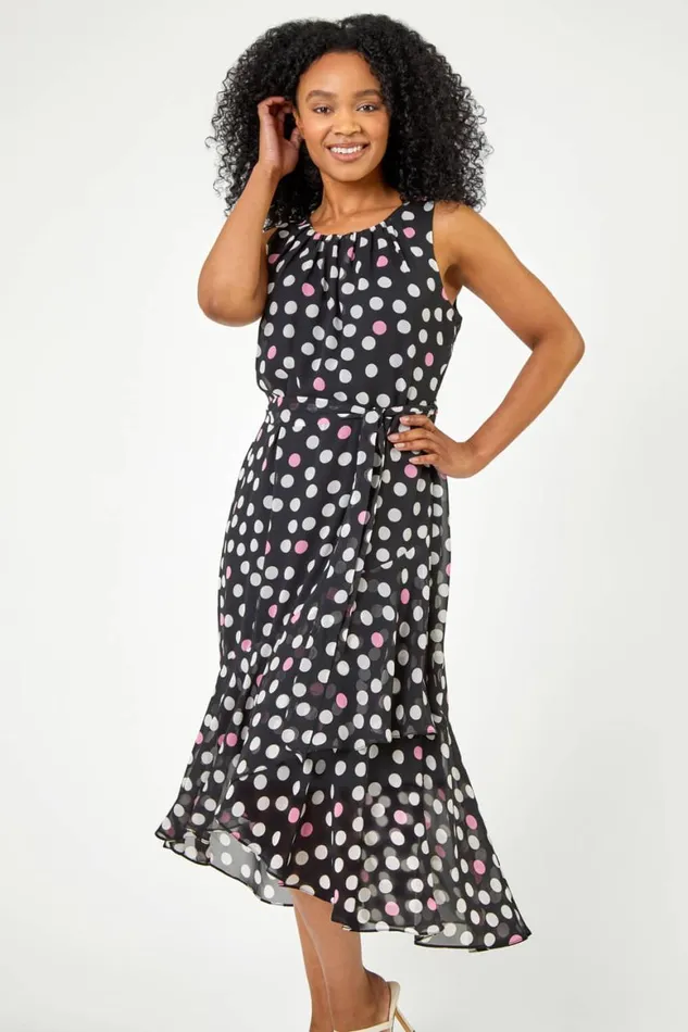 Women Black Petite Spot Print Frill Trim Asymmetric Dress Roman Dresses