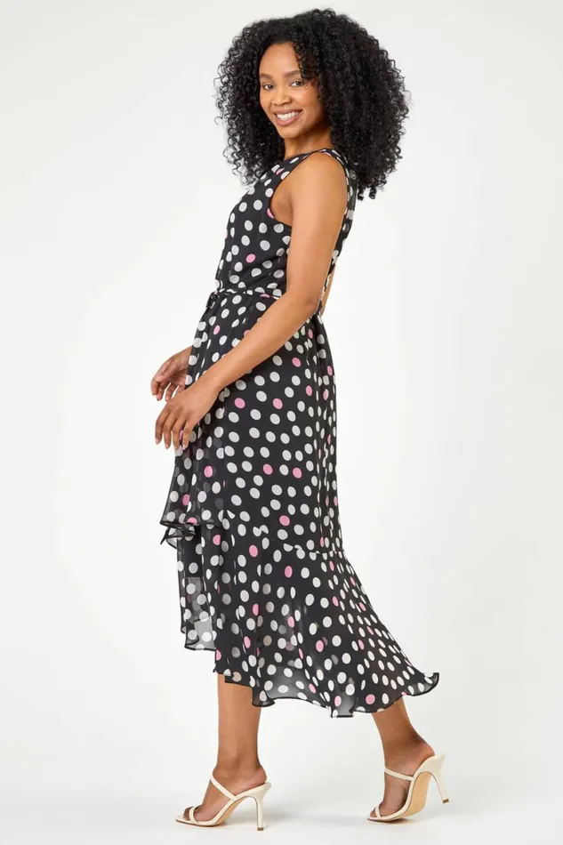 Women Black Petite Spot Print Frill Trim Asymmetric Dress Roman Dresses
