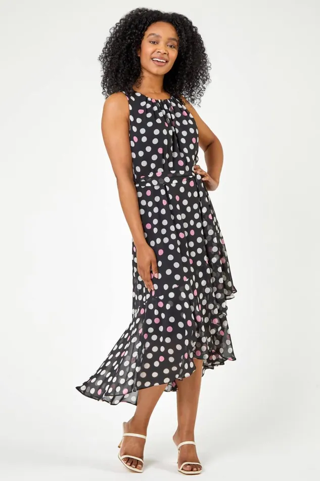 Women Black Petite Spot Print Frill Trim Asymmetric Dress Roman Dresses