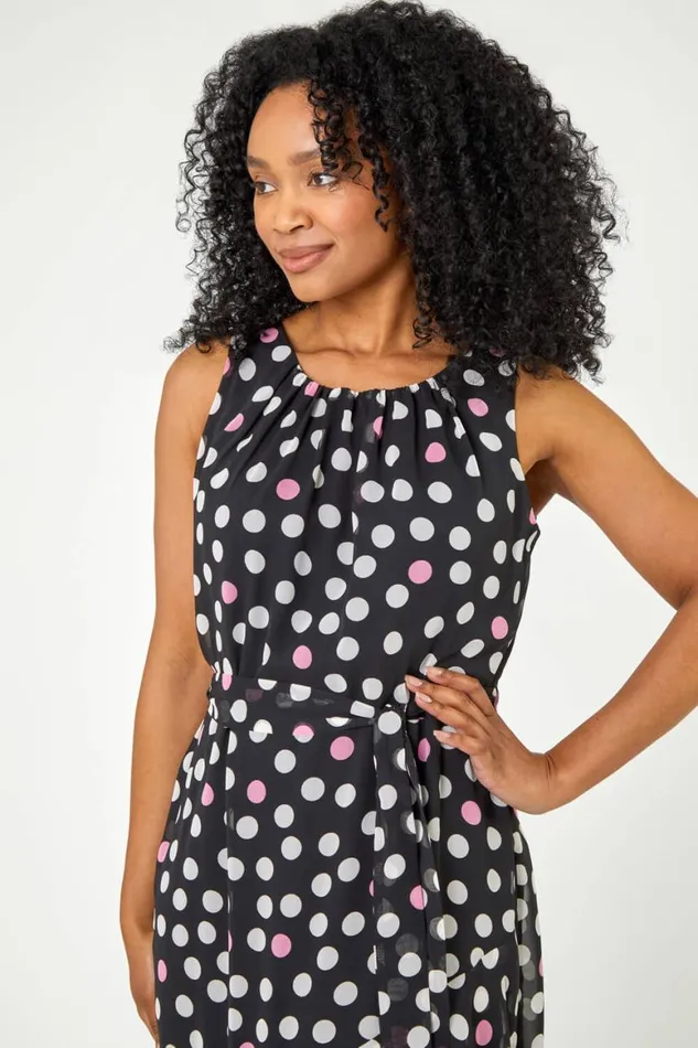 Women Black Petite Spot Print Frill Trim Asymmetric Dress Roman Dresses