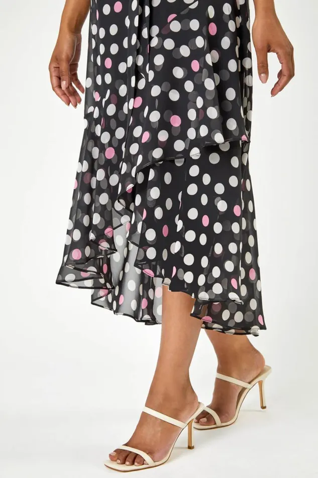 Women Black Petite Spot Print Frill Trim Asymmetric Dress Roman Dresses