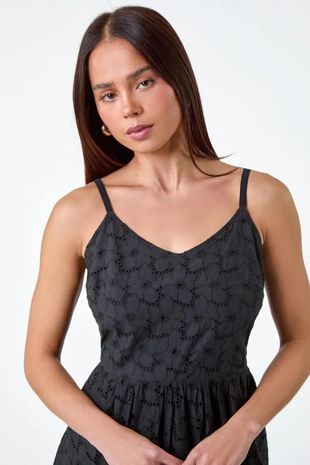 Women Black Petite Tie Detail Broderie Dress Roman Dresses