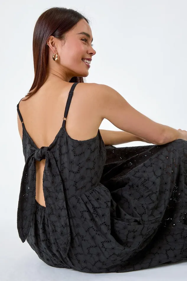 Women Black Petite Tie Detail Broderie Dress Roman Dresses