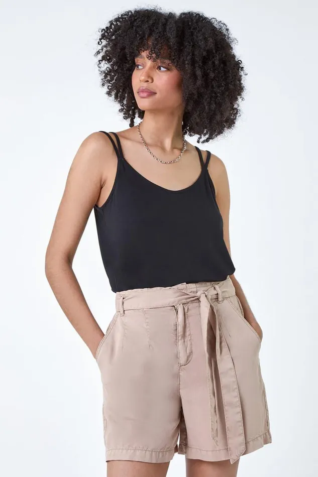 Women Black Plain Double Strap VNeck Stretch Vest Top Roman Tops