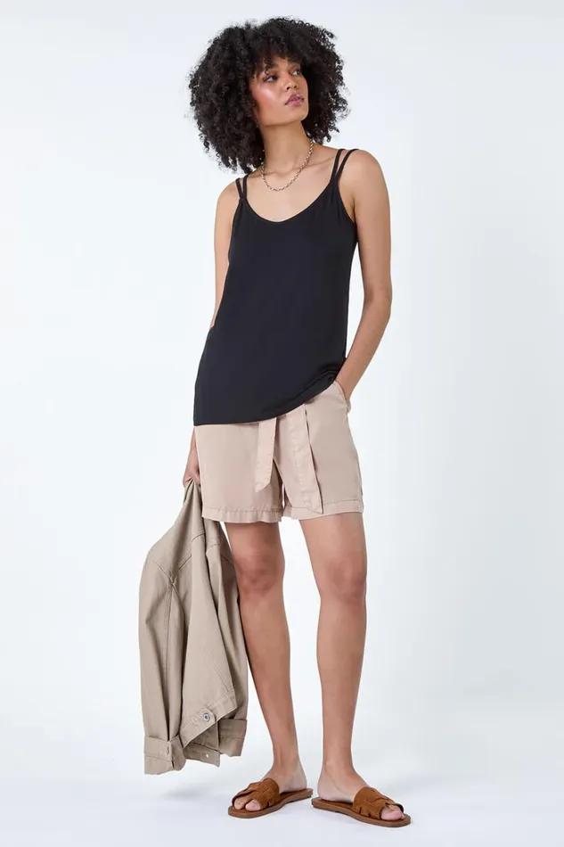 Women Black Plain Double Strap VNeck Stretch Vest Top Roman Tops
