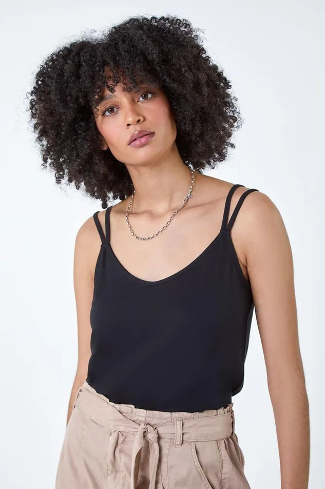 Women Black Plain Double Strap VNeck Stretch Vest Top Roman Tops