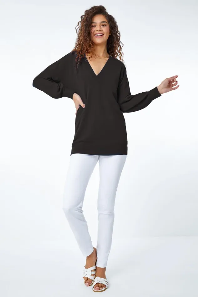 Women Black Plain Stretch VNeck Longline Jumper Roman Knitwear