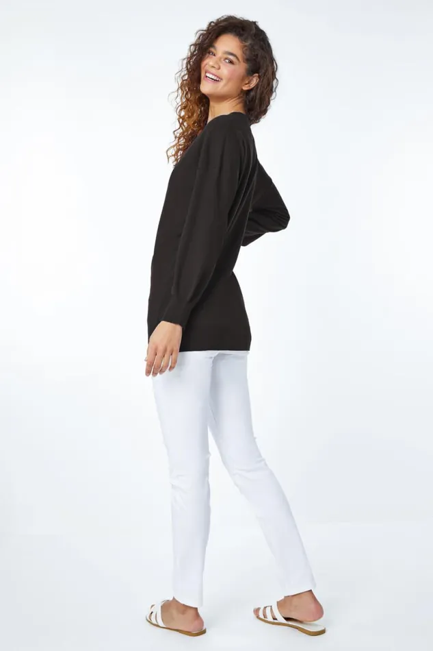 Women Black Plain Stretch VNeck Longline Jumper Roman Knitwear