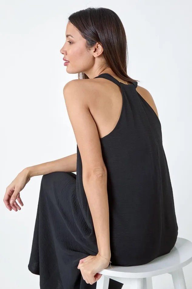 Women Black Plain Twist Detail Trapeze Maxi Dress Roman Dresses