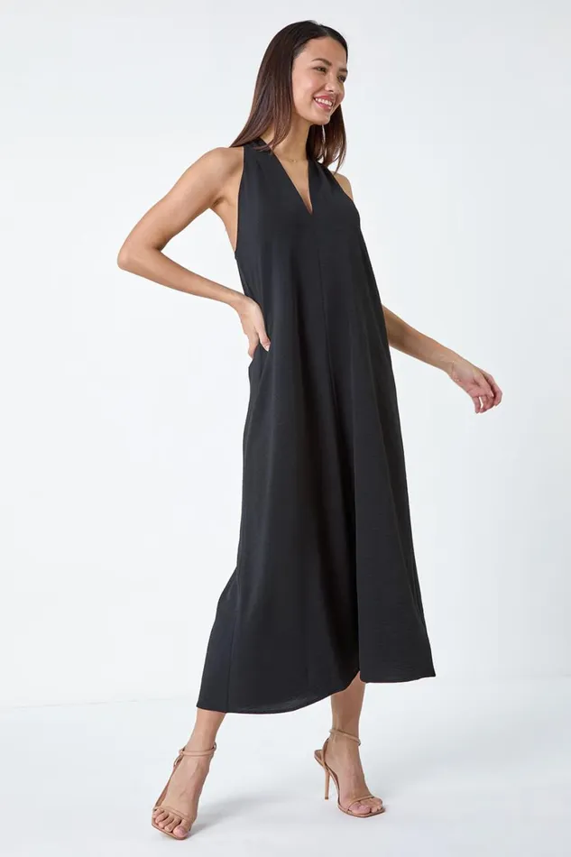 Women Black Plain Twist Detail Trapeze Maxi Dress Roman Dresses