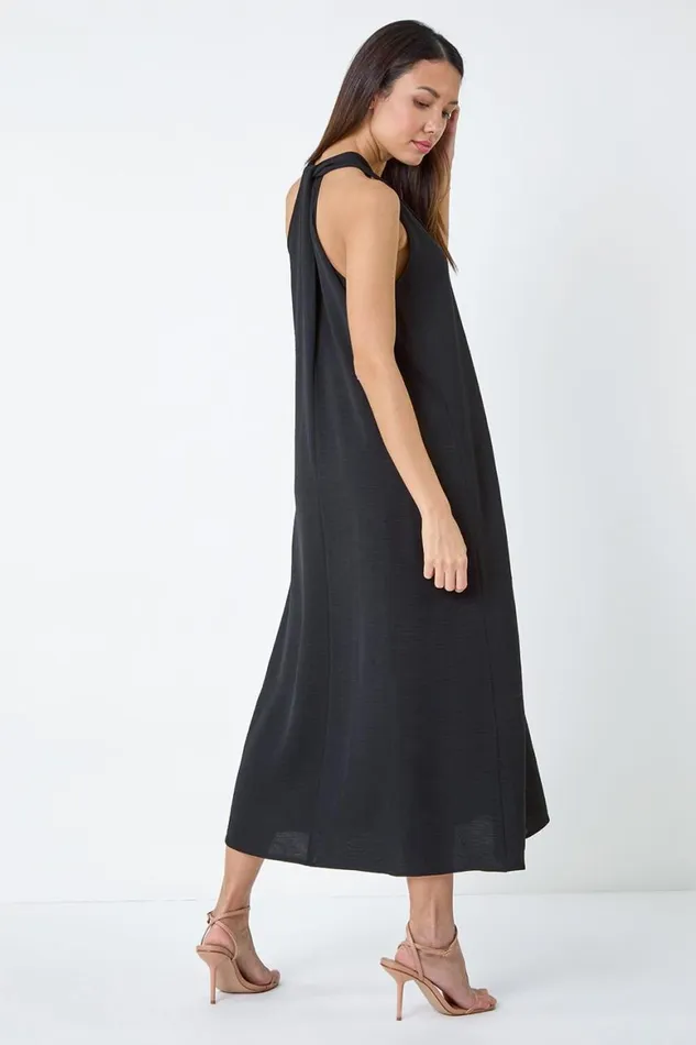 Women Black Plain Twist Detail Trapeze Maxi Dress Roman Dresses