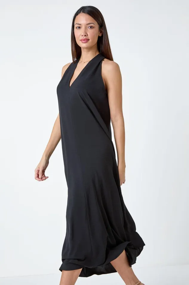 Women Black Plain Twist Detail Trapeze Maxi Dress Roman Dresses