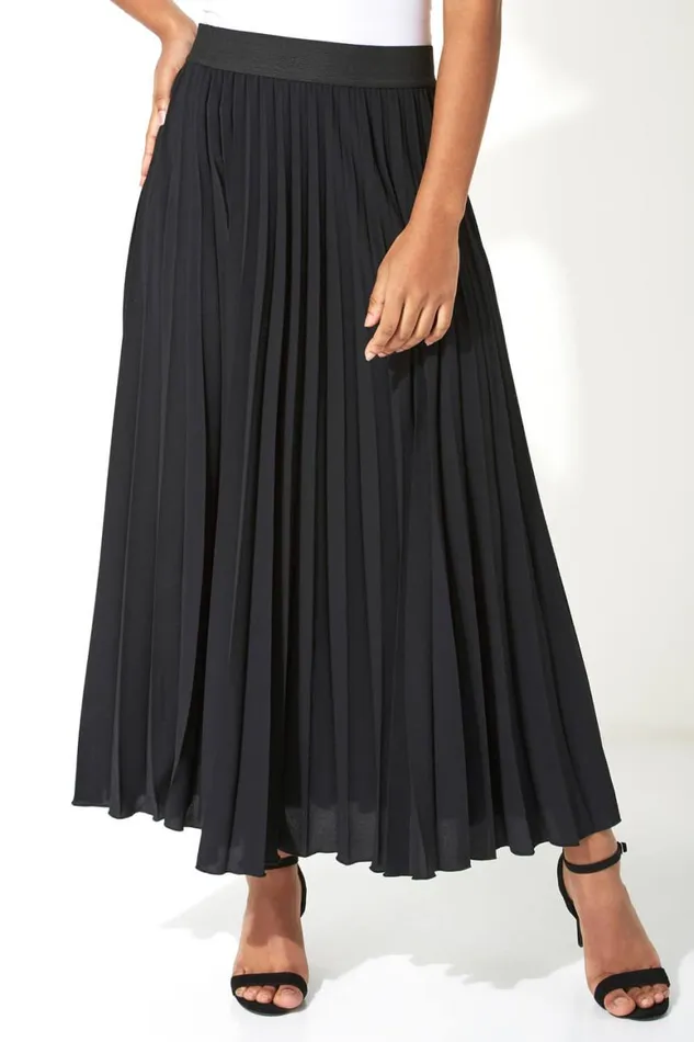 Women Black Pleated Elastic Waist Maxi Skirt Roman Skirts