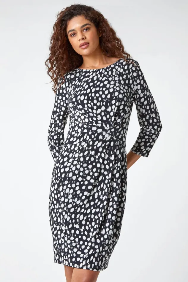 Women Black Polka Dot Ruched Stretch Dress Roman Dresses