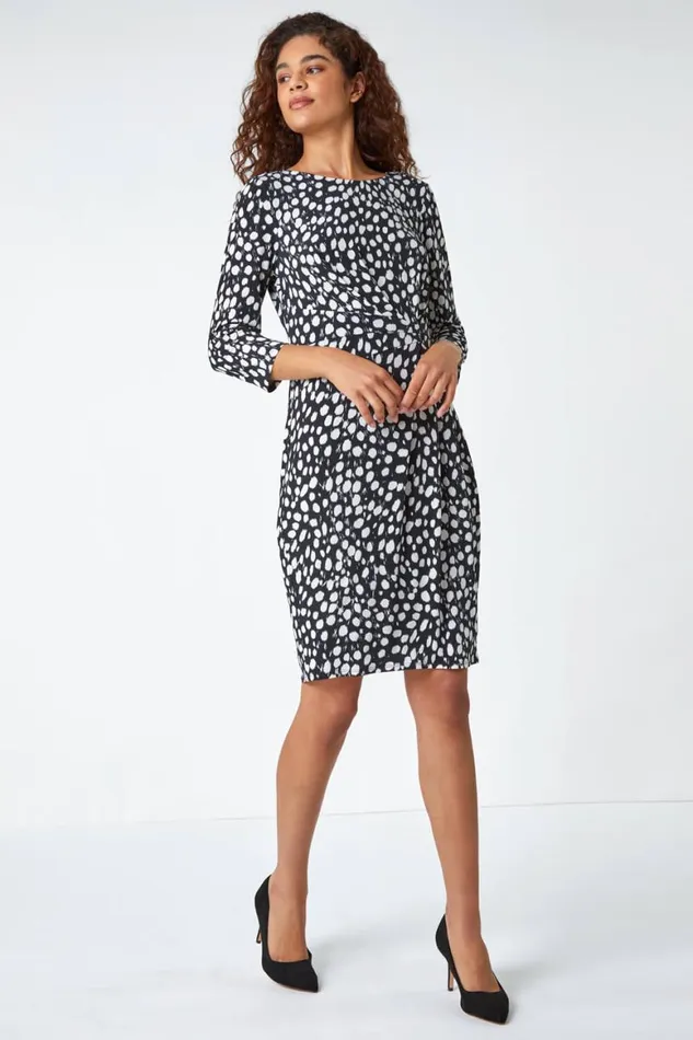 Women Black Polka Dot Ruched Stretch Dress Roman Dresses