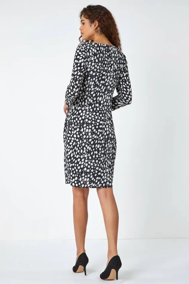 Women Black Polka Dot Ruched Stretch Dress Roman Dresses
