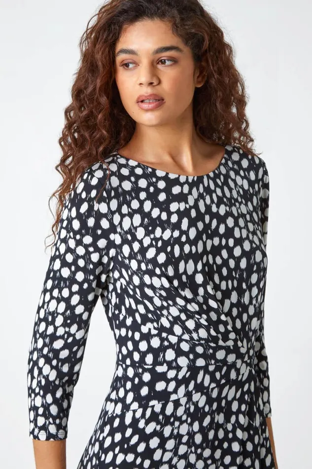 Women Black Polka Dot Ruched Stretch Dress Roman Dresses