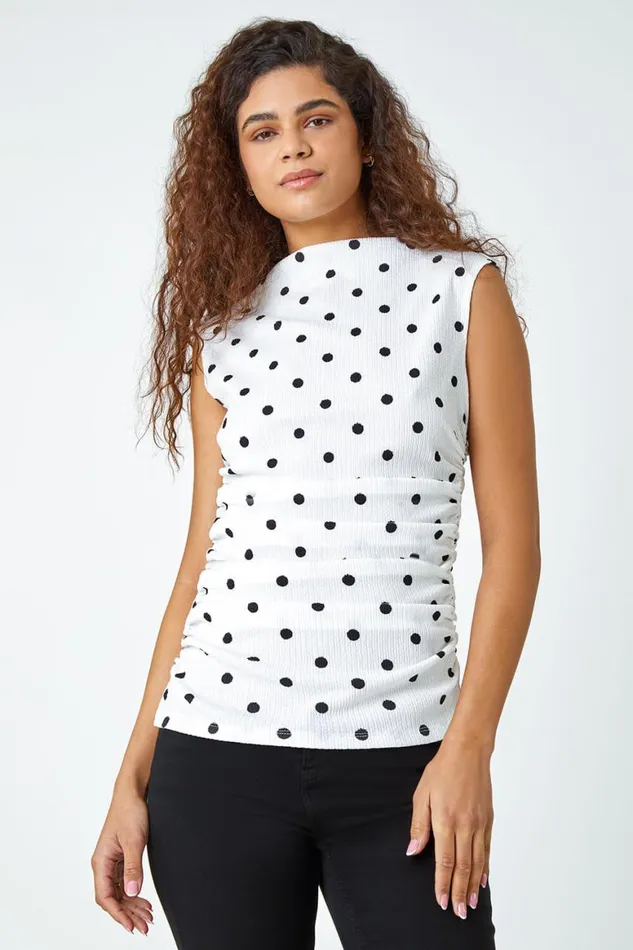 Women Black Polka Dot Ruched Stretch Top Roman Tops