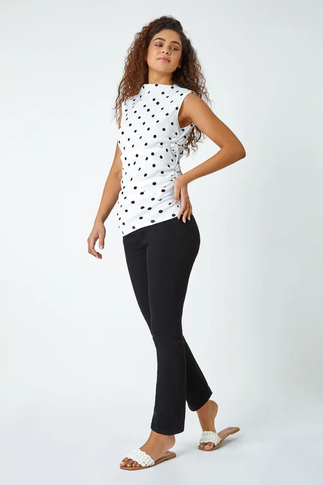 Women Black Polka Dot Ruched Stretch Top Roman Tops