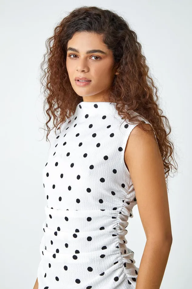 Women Black Polka Dot Ruched Stretch Top Roman Tops