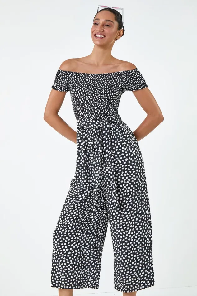 Women Black Polka Dot Shirred Stretch Bardot Jumpsuit Roman Dresses