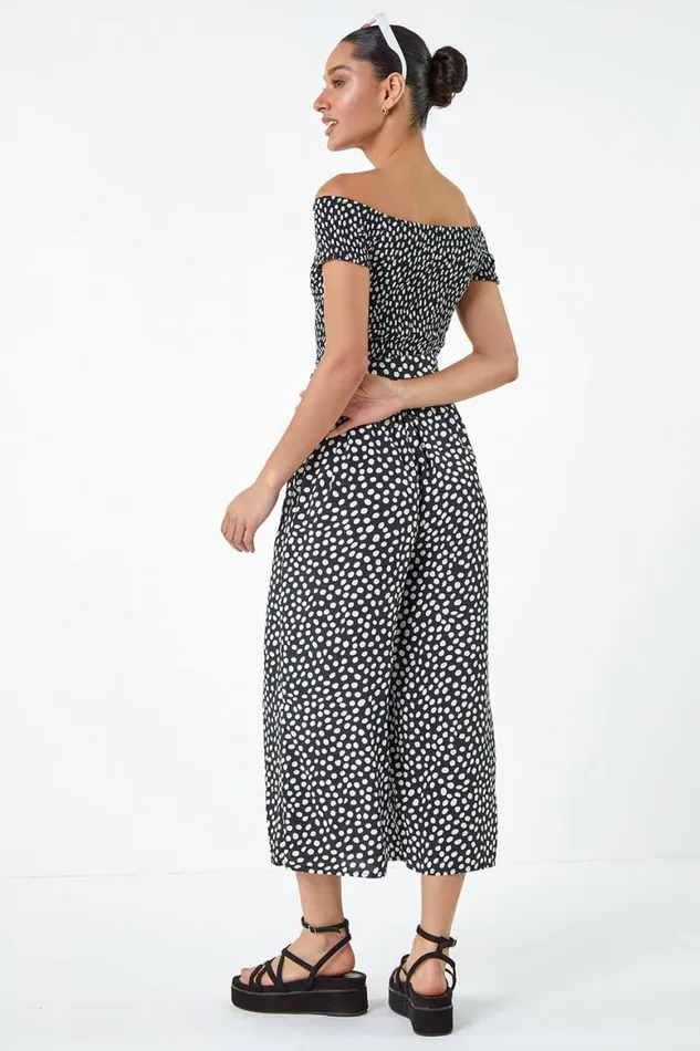 Women Black Polka Dot Shirred Stretch Bardot Jumpsuit Roman Dresses