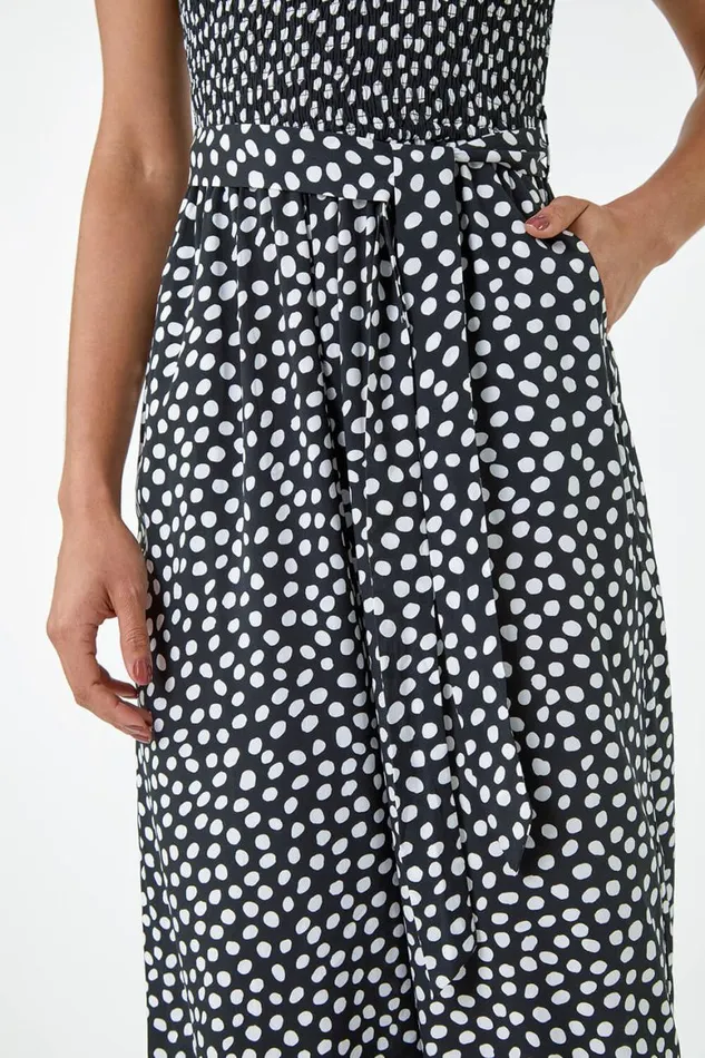 Women Black Polka Dot Shirred Stretch Bardot Jumpsuit Roman Dresses