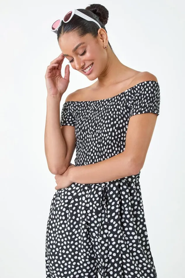 Women Black Polka Dot Shirred Stretch Bardot Jumpsuit Roman Dresses