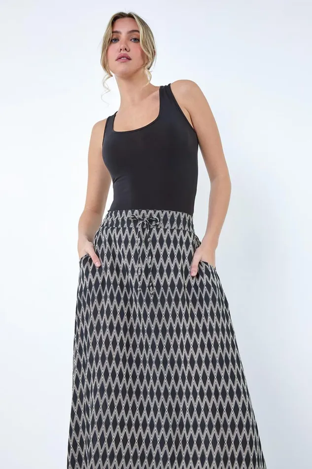Women Black Printed Tie Front Pocket Skirt Roman Skirts