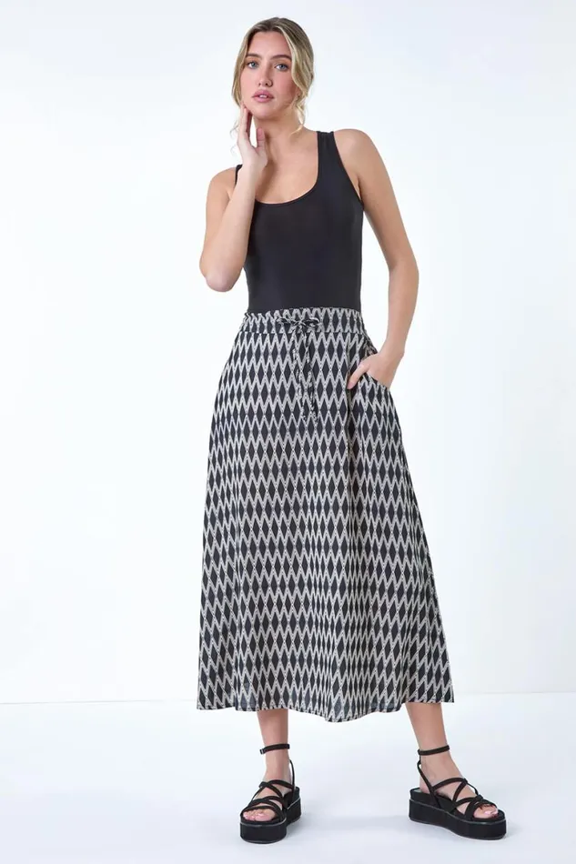 Women Black Printed Tie Front Pocket Skirt Roman Skirts