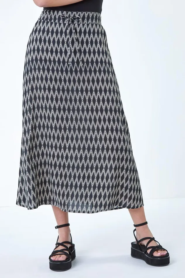 Women Black Printed Tie Front Pocket Skirt Roman Skirts