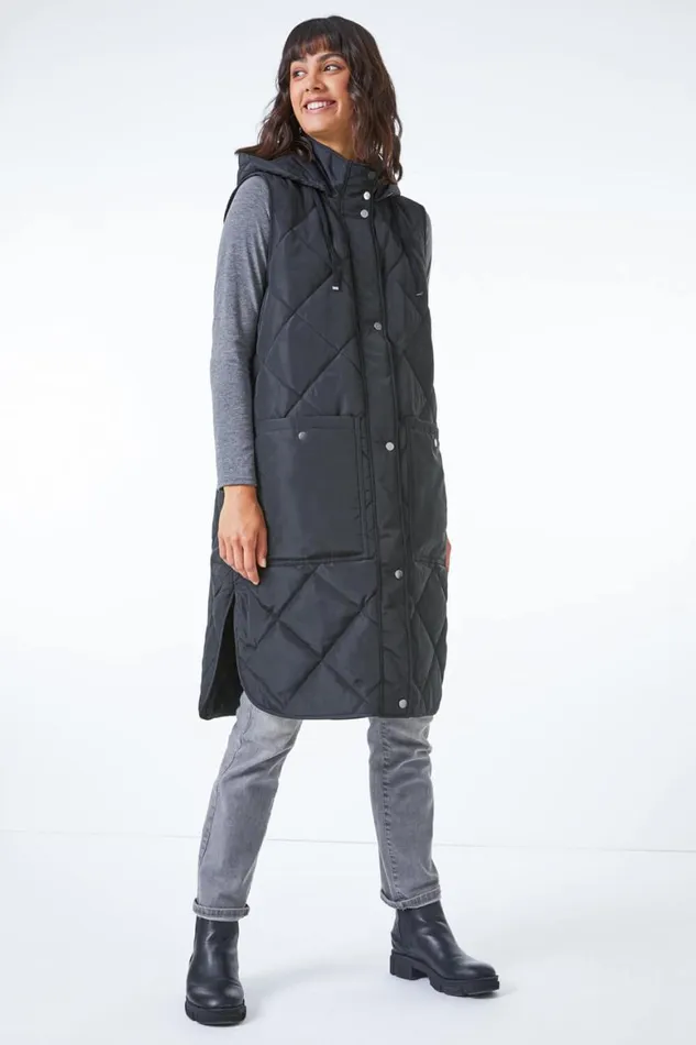 Women Black Quilted Longline Hooded Gilet Roman Jackets