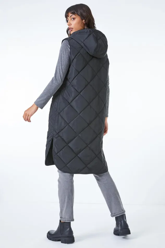 Women Black Quilted Longline Hooded Gilet Roman Jackets