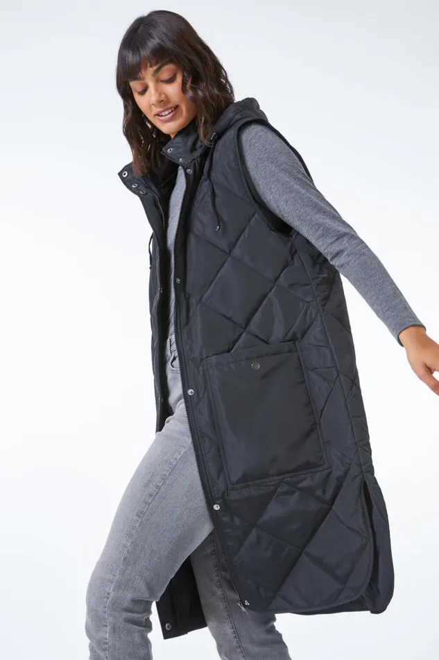 Women Black Quilted Longline Hooded Gilet Roman Jackets