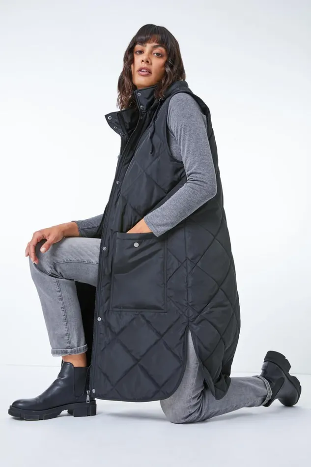Women Black Quilted Longline Hooded Gilet Roman Jackets