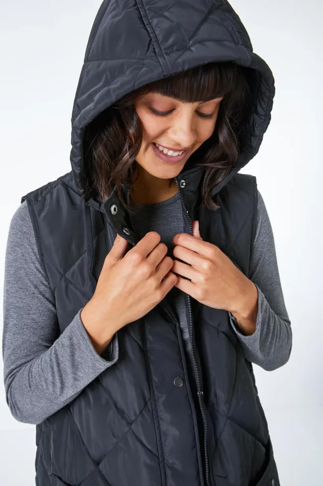Women Black Quilted Longline Hooded Gilet Roman Jackets