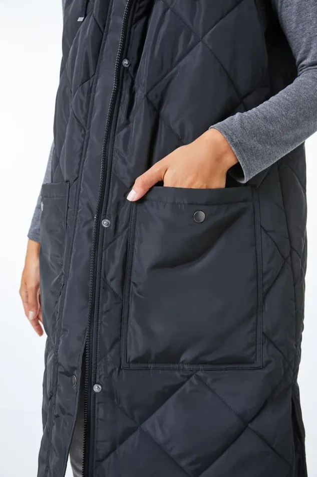 Women Black Quilted Longline Hooded Gilet Roman Jackets