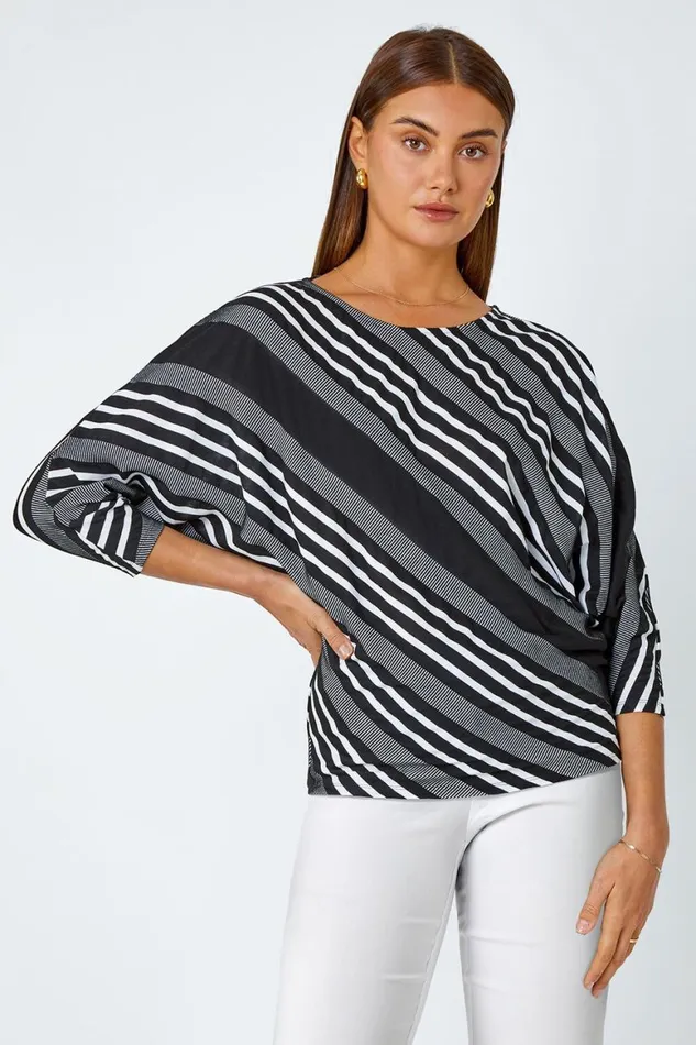 Women Black Relaxed Stripe Print Stretch Top Roman Tops